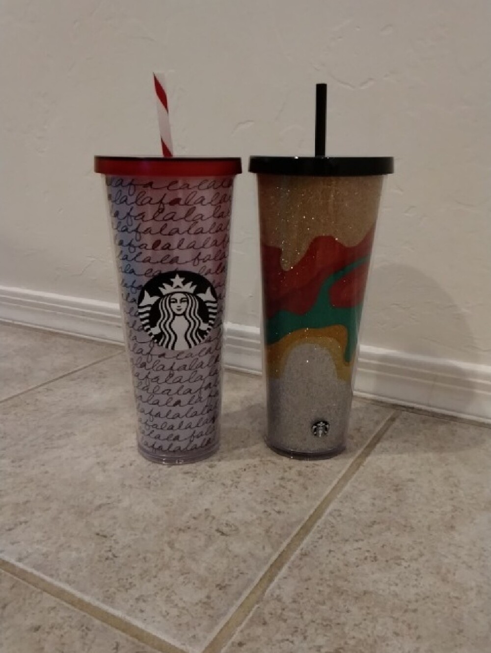(2) Starbucks Tall Reusable Cups - Holiday & Multicolor Glitter